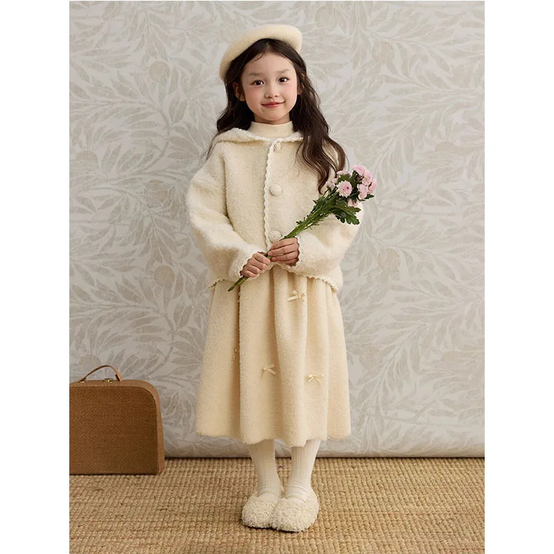 Girls Suits 2024 Winter New Girls Apricot Cashmere Cardigan Sweater and Skirt Two-piece Set Korean Simple Style Clothes Suits