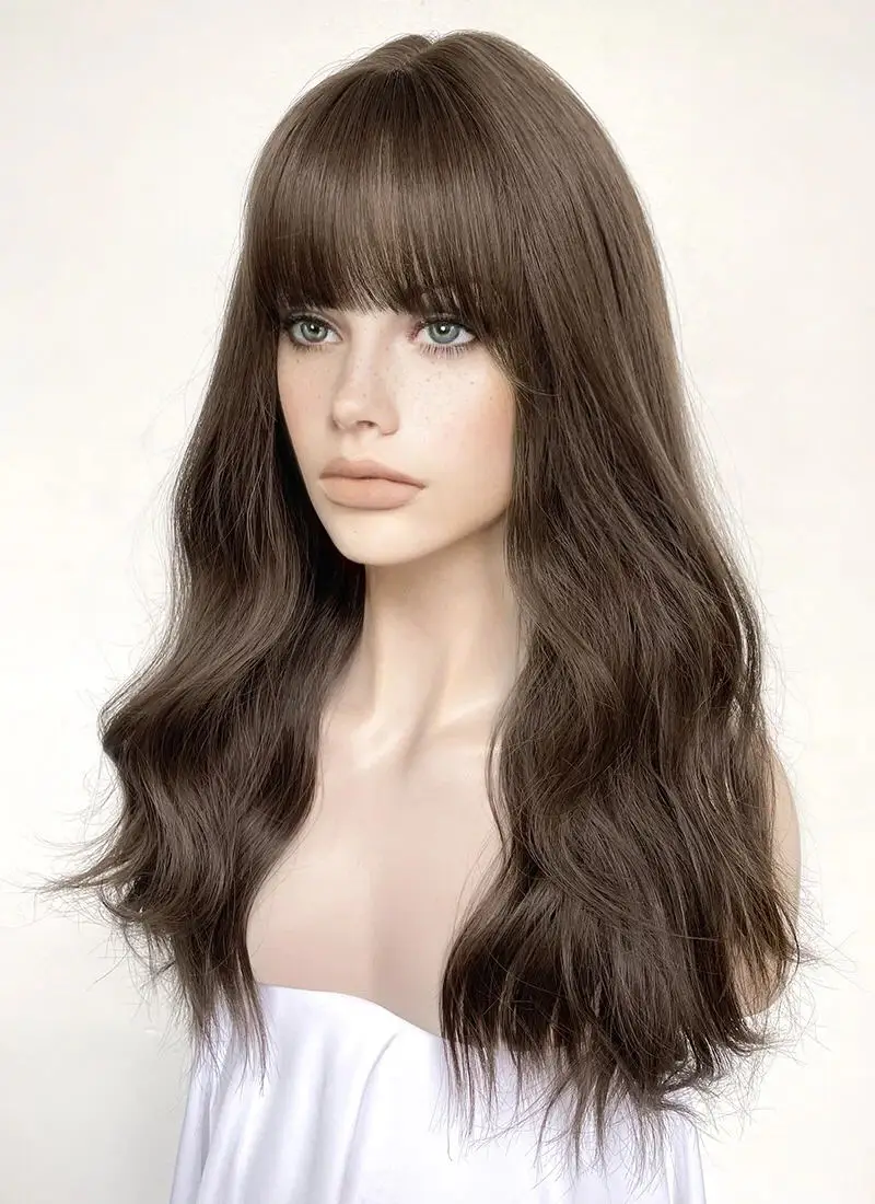 Dark Brown Fringe Wavy Synthetic Hair Wigs for Black Women Glueless Thick Bangs Lolita Long Last Synthetic Lace Front Wigs