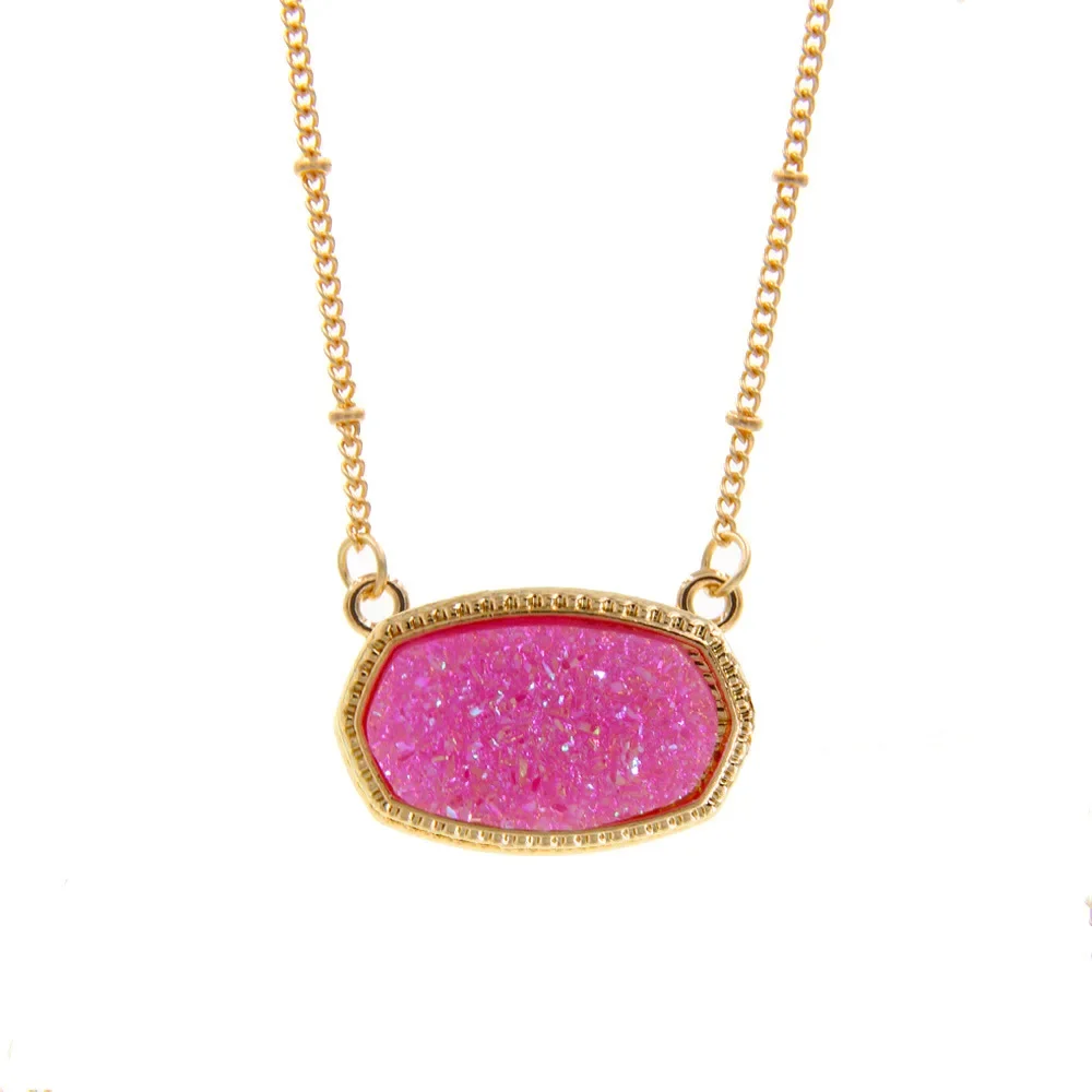 Resin Oval Druzy Pendant Necklace Gold Color Chain Drusy Hexagon Style Necklaces Luxury Designer Brand Fashion Jewelry for Women