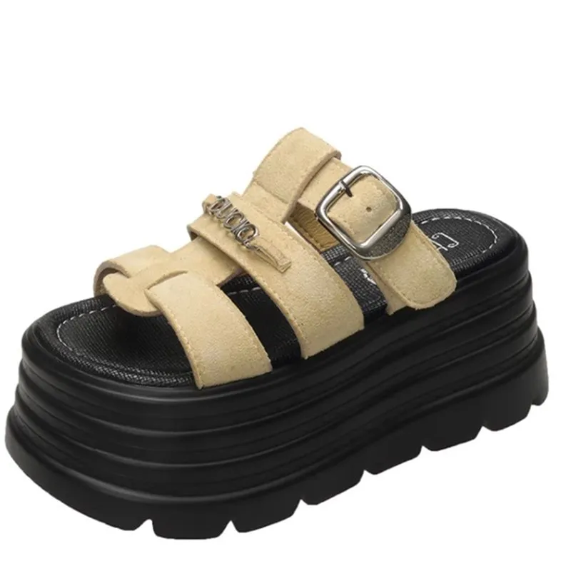 

Women's Slippers 2025 Summer New Retro Frosted Belt Buckle 8cm Heightened Thick Sole Sponge Cake Slides