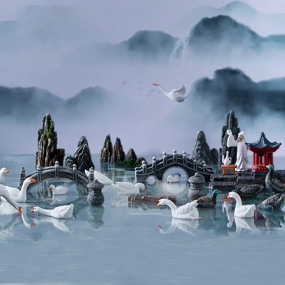 

Creative Decorative Rockery Pavilion Bridge Simulation LIfelike White Duck Statue Resin Bridge Sand Stones Figurine Landscape