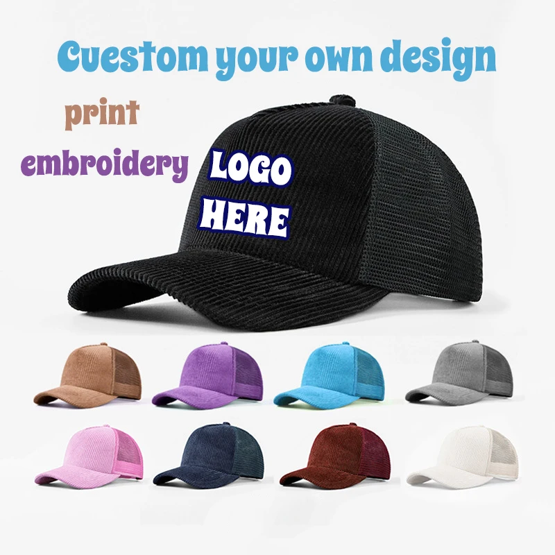 

Вельветовая сетчатая спортивная кепка с индивидуальной вышивкой и принтом логотипа, шляпа водителя дальнобойщика, унисекс, регулируемая повседневная 5-панельная бейсболка