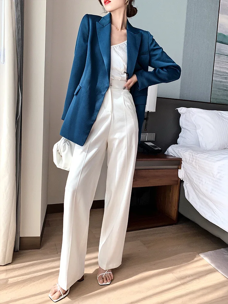 Blue Blazer for Women 2024 Spring Autumn Trendy Korean Style Luxury Satin Suit Jacket OL Work Coat Female Outerwear