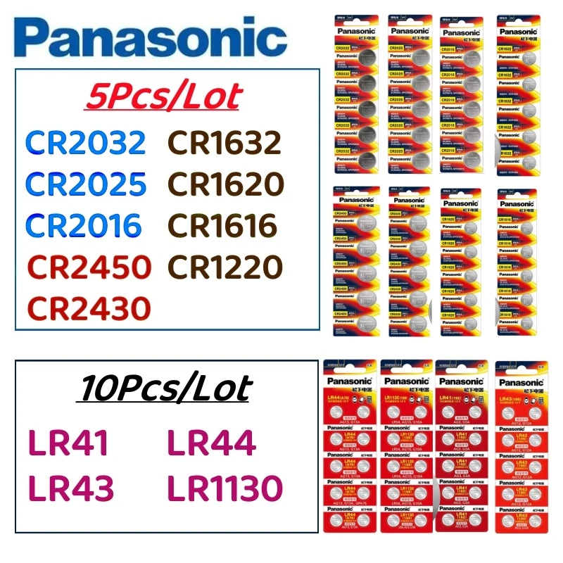 

5Pcs Original Panasonic CR2032 CR2025 CR2016 CR1632 CR1616 CR1620 CR2450 CR2430 LR44 LR41 LR1130 LR43 Lithium Battery Batteria