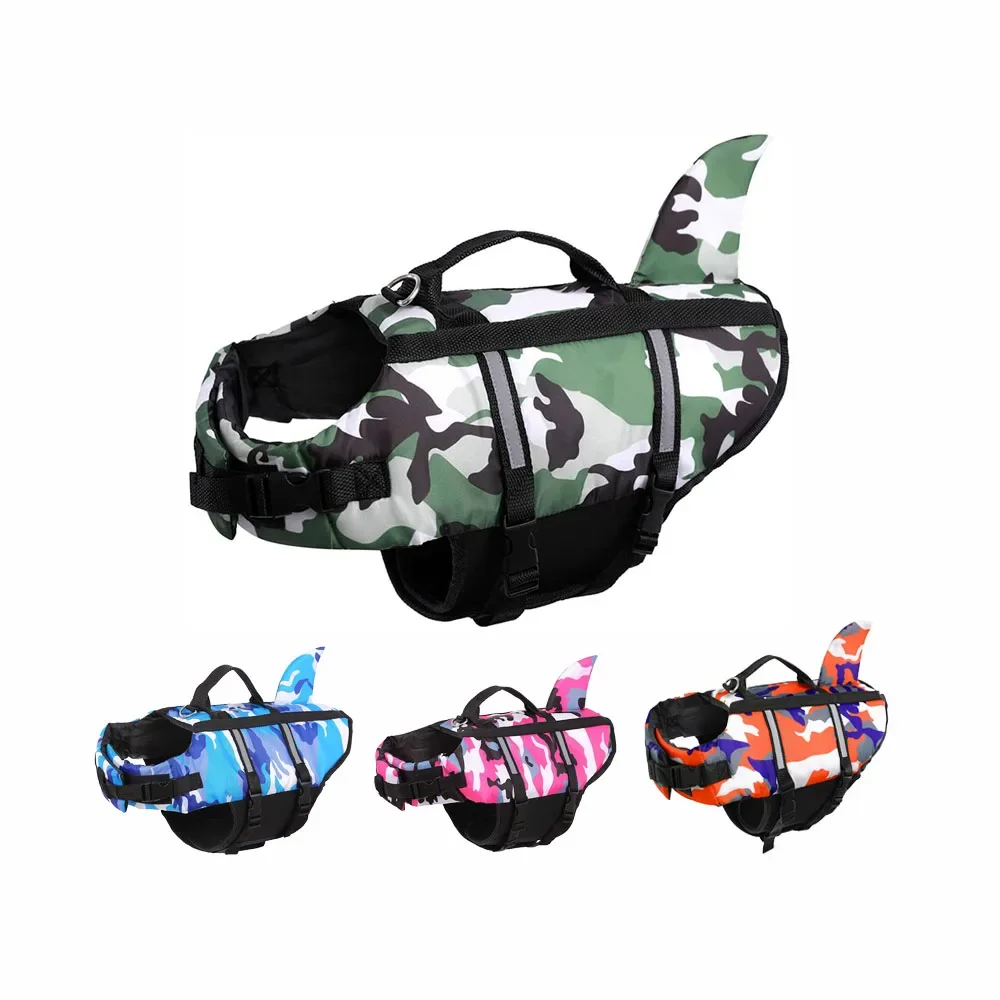 

Спасательный жилет для собак, жилет безопасности для домашних животных, плавучесть, камуфляж, спасательная ручка для акулы, поводок, кольцо для собак, катание на лодках, каноэ, серфинга, охоты
