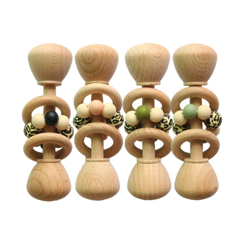 2 Pcs/Set Baby Bracelet Teething Soother Silicone Beads Wooden Rattle Teether