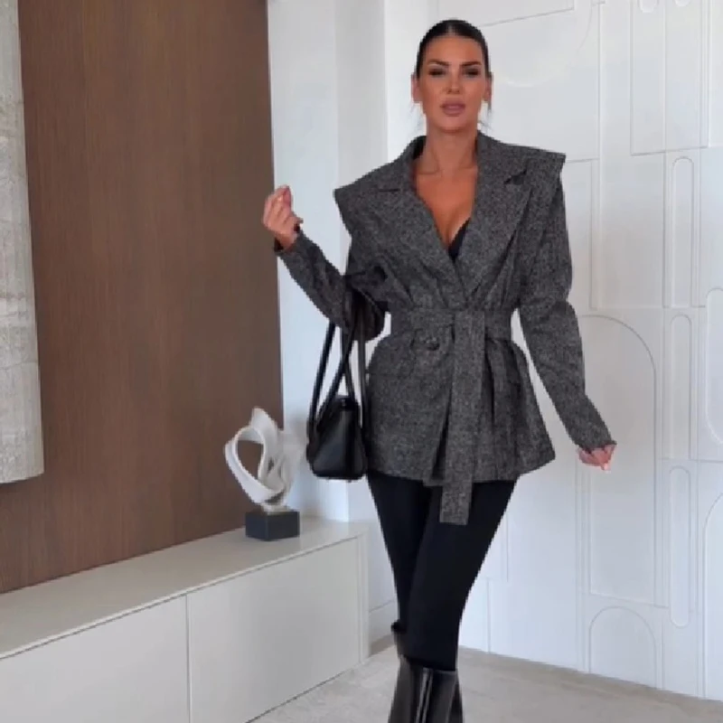 Women Tweed Blazer Lapel V Neck Belted Waist Long Sleeve Grey Speckled Slim Fit Jacket Elegant Casual Office Ladies Outerwear