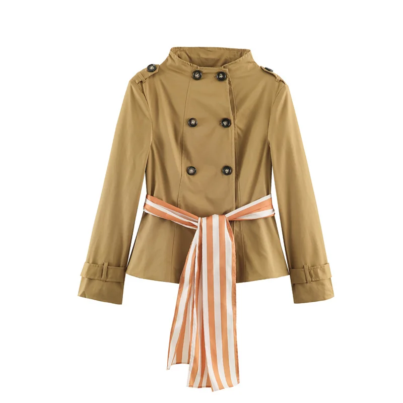 Guobioziy 2026 New Women Stand Collar Short Trench Outerwear Double Breasted Stripe Waist Belt Cuff Tab Elegant Trendy Jacket