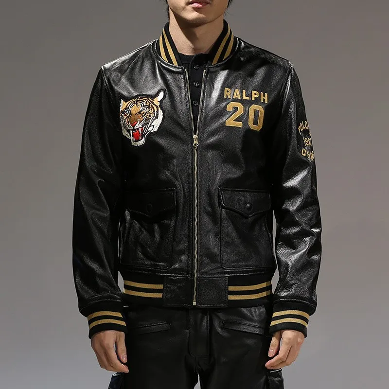 Casual stand-up collar leather baseball men's embroidered vegetable-tanned cotton cowhide coat