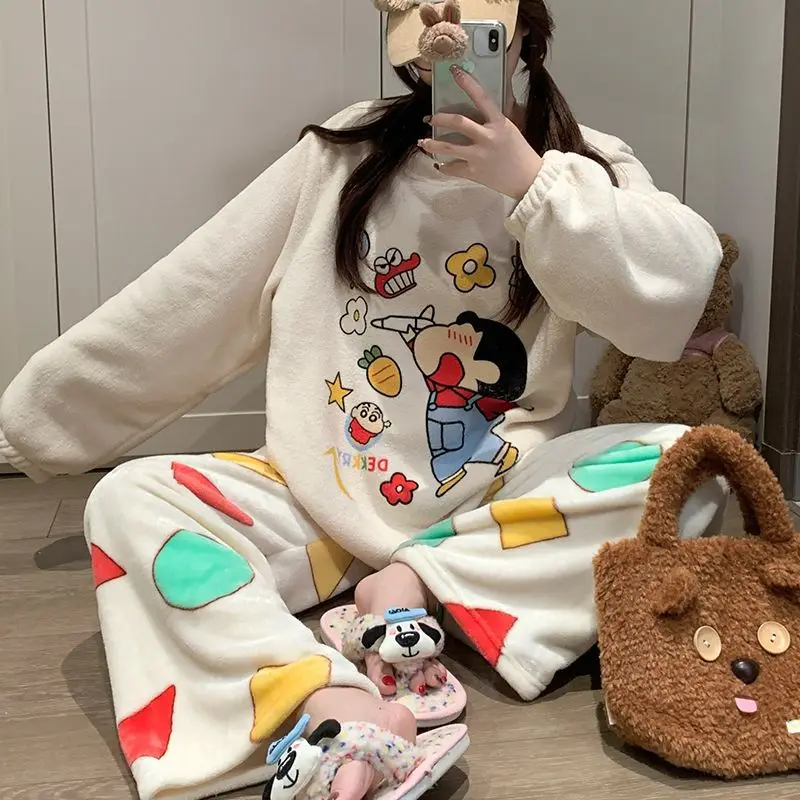 Cartoon Crayon Shin-chan Winter Casual Girls Thickened Homewear Kawaii Women Plush Pajamas Suit Anime Loose Tops Pants Suit