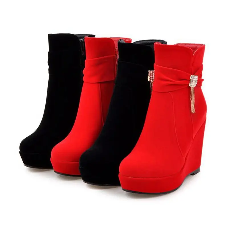 REAVE CAT Sexy Red Women Ankle Boots Round Toe Wedges High Heel 11cm Flock Suede Big Size 42 43 Red Female Booties