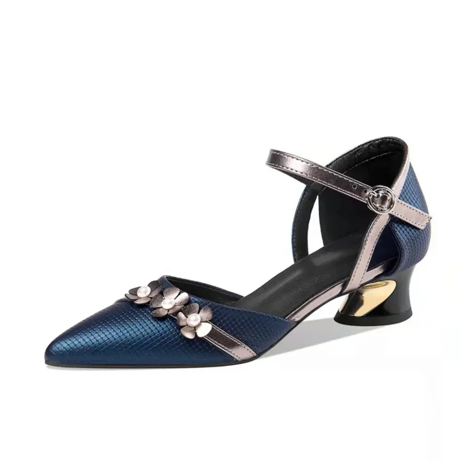 Sapatos Femininas Women Fashion Floral Navy Blue Wysokiej jakości skórzane buty na kwadratowym obcasie Lady Classic Office & Work Pumps B70