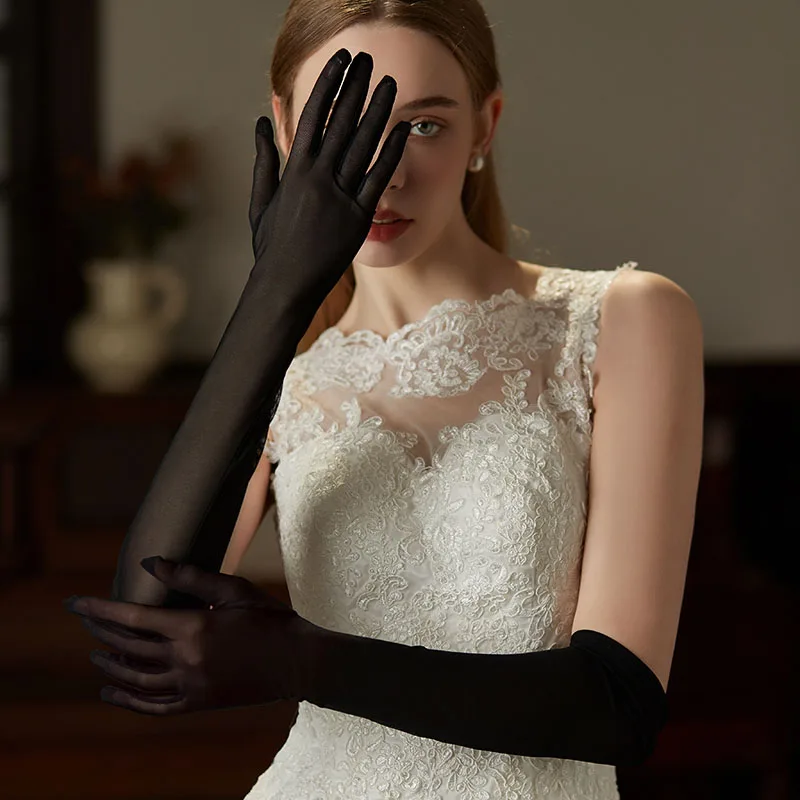 WG125 Wedding Bridal Gloves Full Long Brides Bridesmaid Black Finger Prom Evening Parties Opera Gloves Women Handschuh