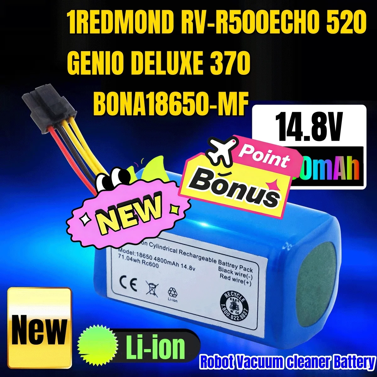 🚧 Li-ion 4800mAh battery 4ICR19/66 ML:BONA18650-MF1 for CONGA 1290 1390, Polaris PVCR 0920WV Rufer, Redmond RV-R500 Robot