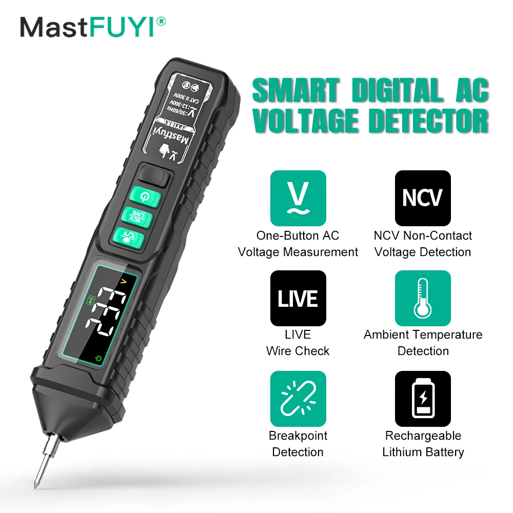 

MASTFUYI Pro Digital Voltage Tester Pen Smart Non-Contact & PortableAC Voltage Detector 12-1000V Breakpoint Rechargeable