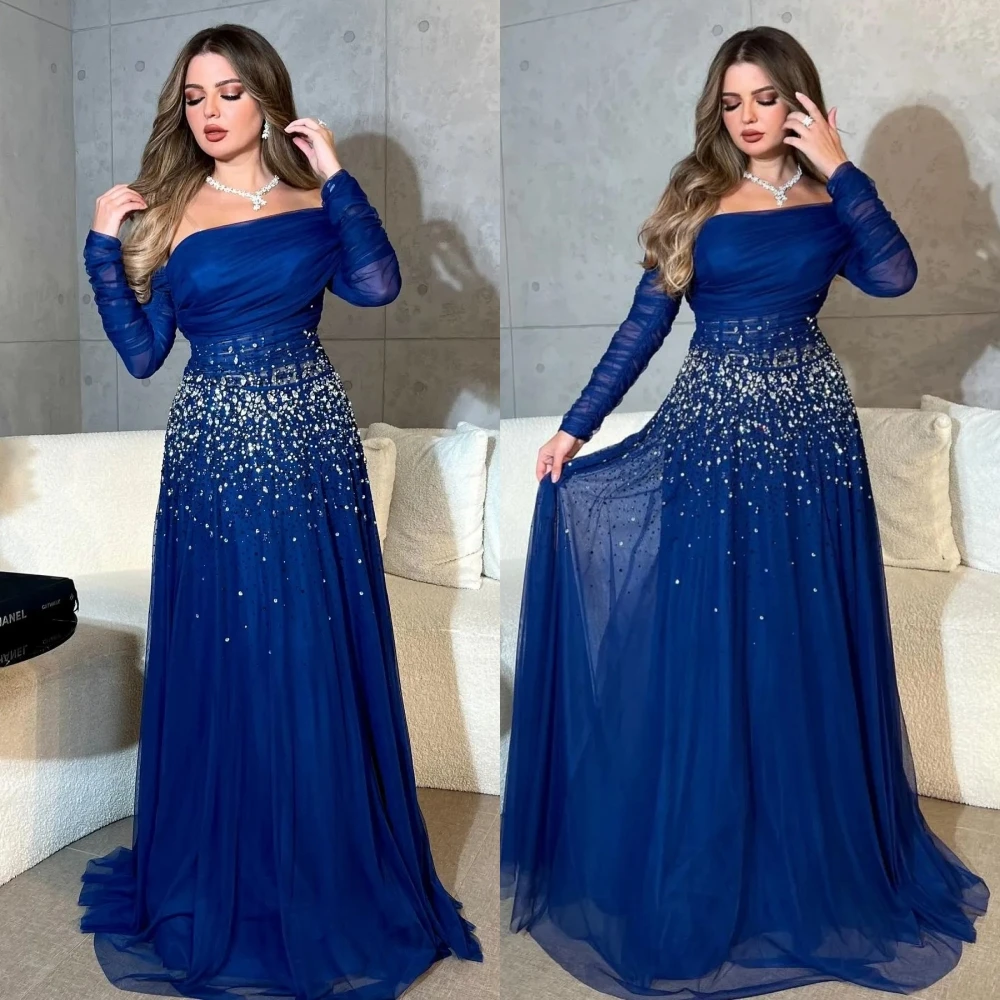 Customized Sparkle Elegant Off-the-shoulder A-line Party Dress Beading Shirred Floor length Organza Evening