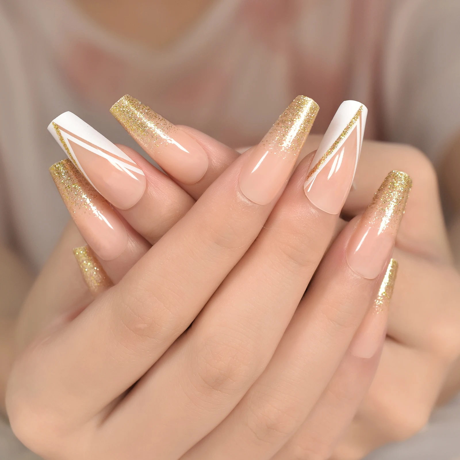 Longo caixão de bailarina nude ouro glitter imprensa francesa em unhas falsas diy manicure reutilizável falso acrílico dicas da arte do prego