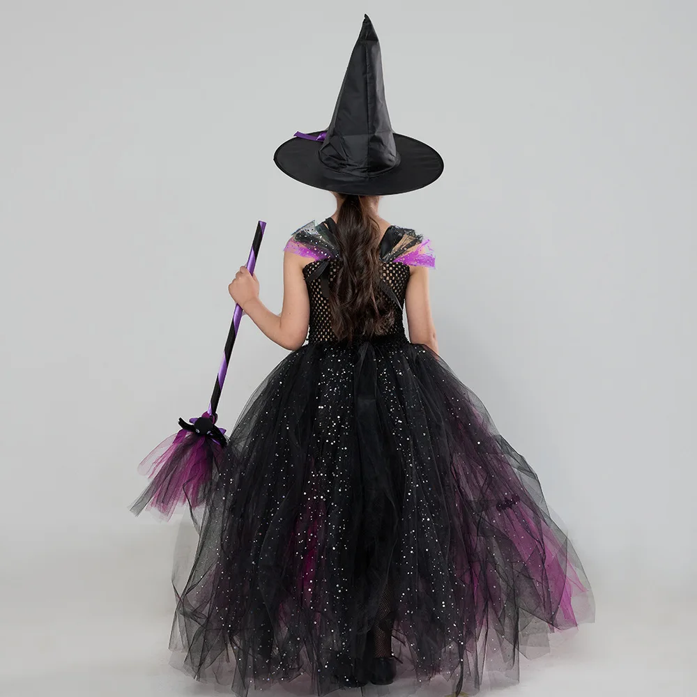 Halloween Tutu Dress Set With Sequined Hat Mesh Puffy Party Gown Tulle Outfit Holiday Stage Show Carnival Performance Clothing