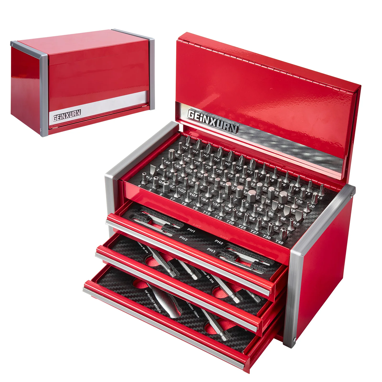 Geinxurn 100PCS Basic Screwdriver Bit Tool Kit (Red), Mini Metal 4 Drawer Tool Box with EVA Foam Tray, Magnetic Lock for DIY
