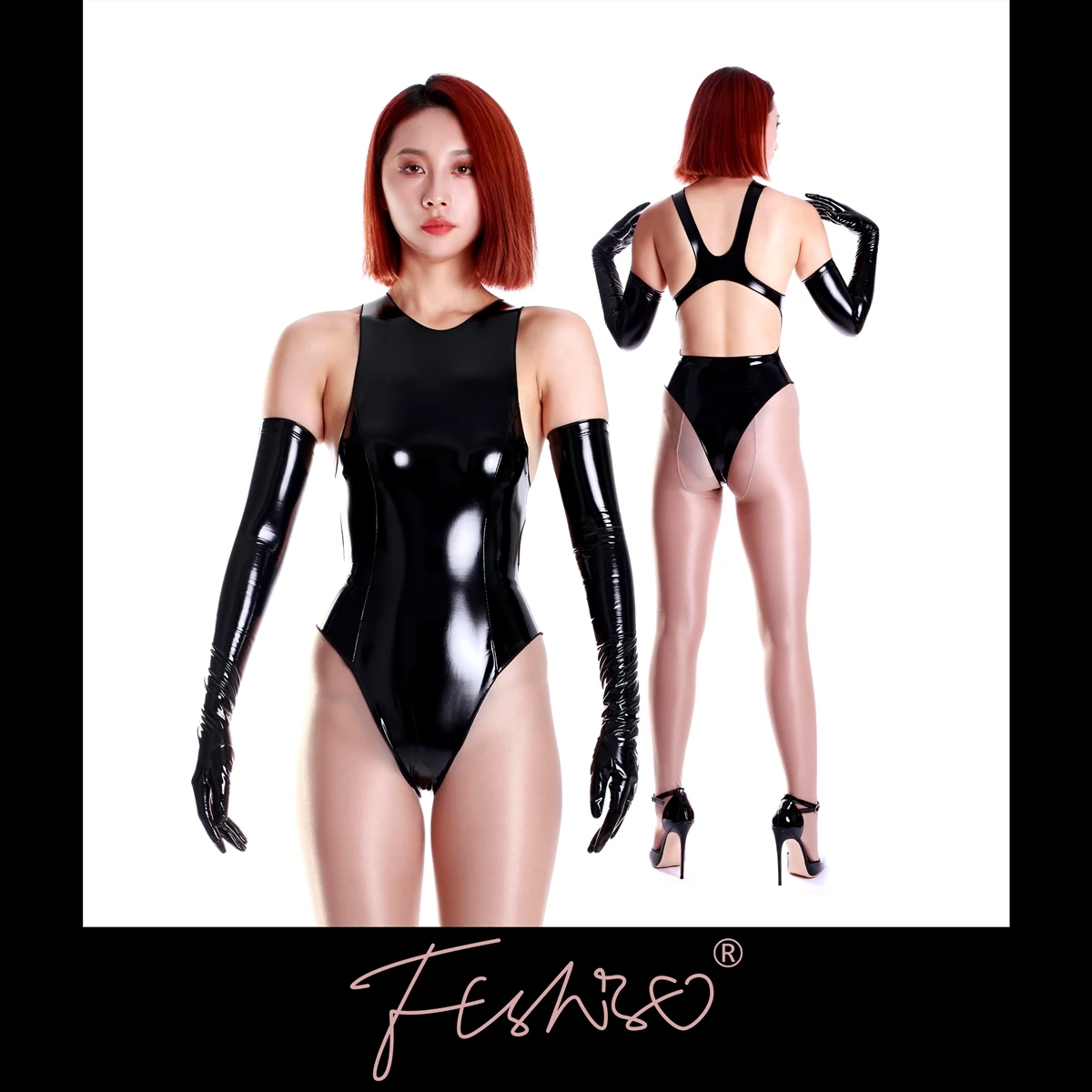 

Ftshist Shiny PU Leather Bodysuits Sexy Patent Leather Bodycon Latex Japanese Backless Swimsuits Glossy Metallic Color Slim Fit