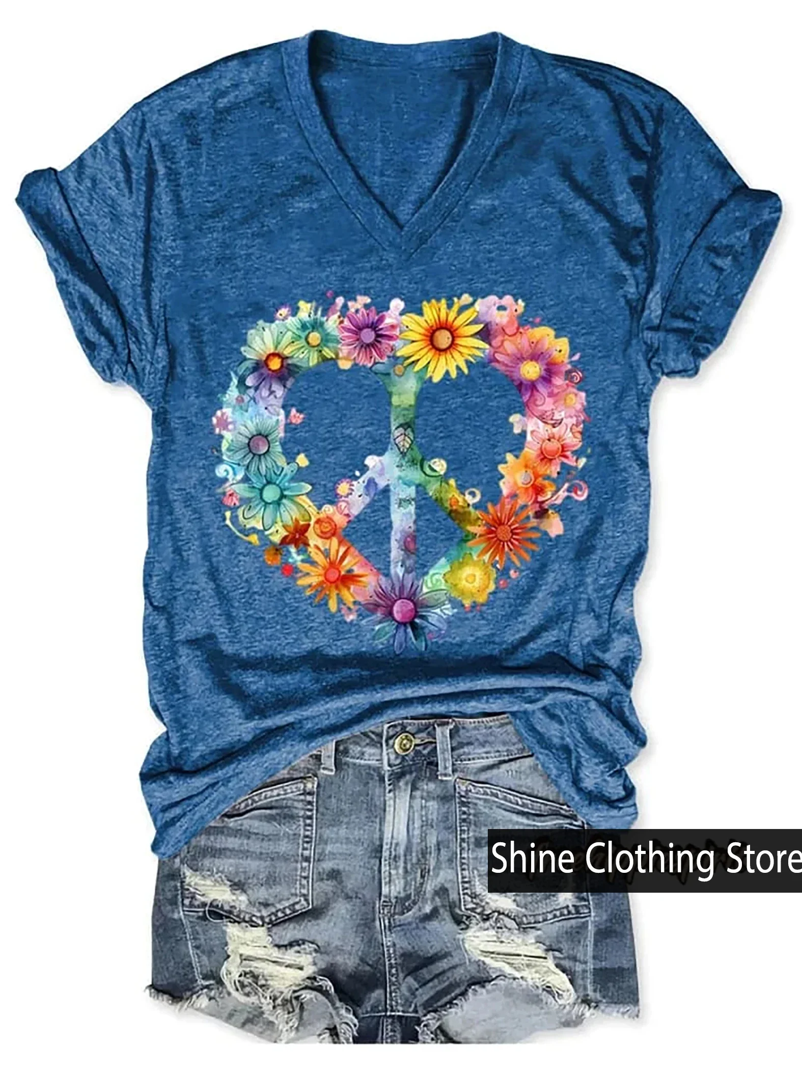 New Arrivals Women's Floral Peace And Love Art Print V-neck Casual T-Shirt Size S to 5XL