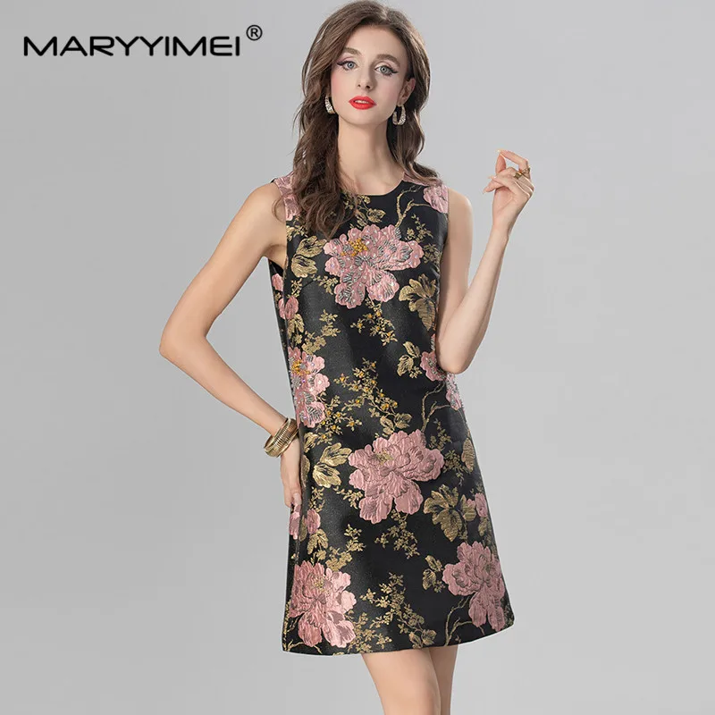 

MARYYIMEI Fashion Beading Sequins design Women's Dress Sleeveless Jacquard Loose Waist High Street Black Summer Dresses