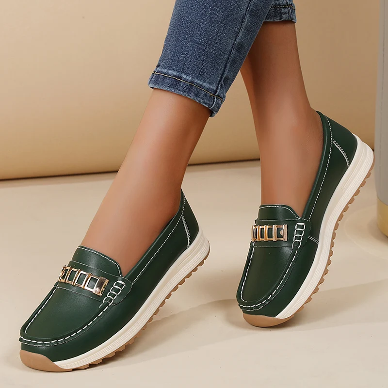 Mocasines verdes para mujer, zapatos sin cordones con plataforma, zapatos informales de cuero cómodos antideslizantes para mujer, zapatos náuticos de talla grande 36-44