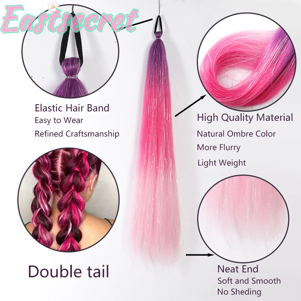 탄성 헤어 타이 합성 긴 스트레이트 포니테일, 여성용 다채로운 브레이드 헤어 포니테일, 익스텐션 헤어 액세서리, 2 개