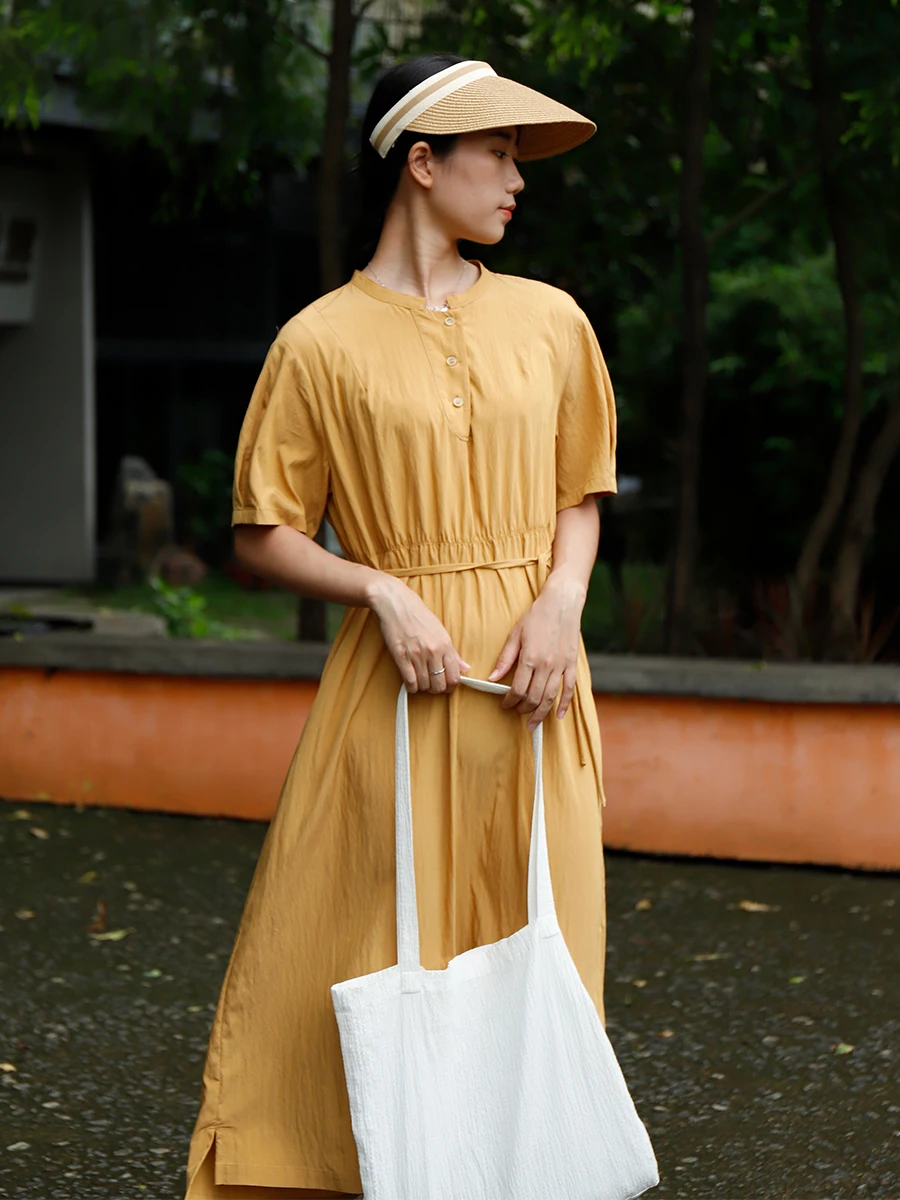 

Хлопковая юбка миди для женщин, летняя новинка, с воротником-стойкой, А-силуэт, средней длины, однотонная