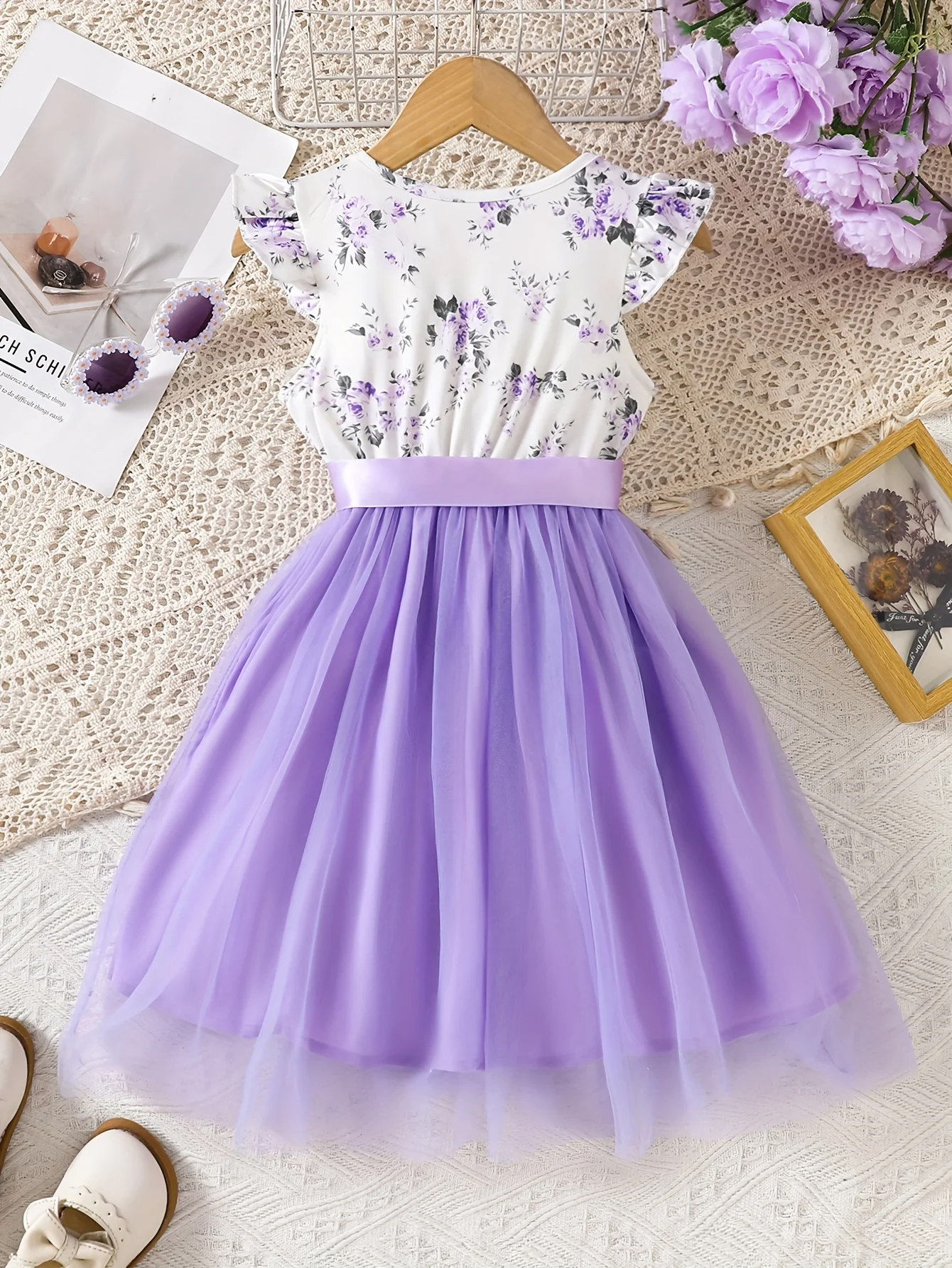 Girls Casual Fashion Knitted Sleeveless Round Neck Fly Sleeve Ruffle Flower Digital Print Mesh Dress Holiday Beach Party Gift with Satin Ribbon