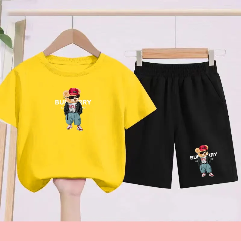 

Children Summer Charming Rose Letter Bear Print T-shirt+Shorts Set Boys Girls 3-12Yrs Casual Toddler Sports First Choice Clothes