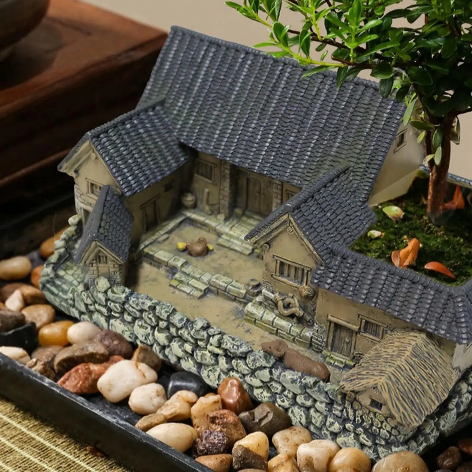 Micro-maison sculptée, pot de fleurs, centre de table, ornement de collection en forme de chalet simulé pour jardin extérieur, intérieur, maison, véranda