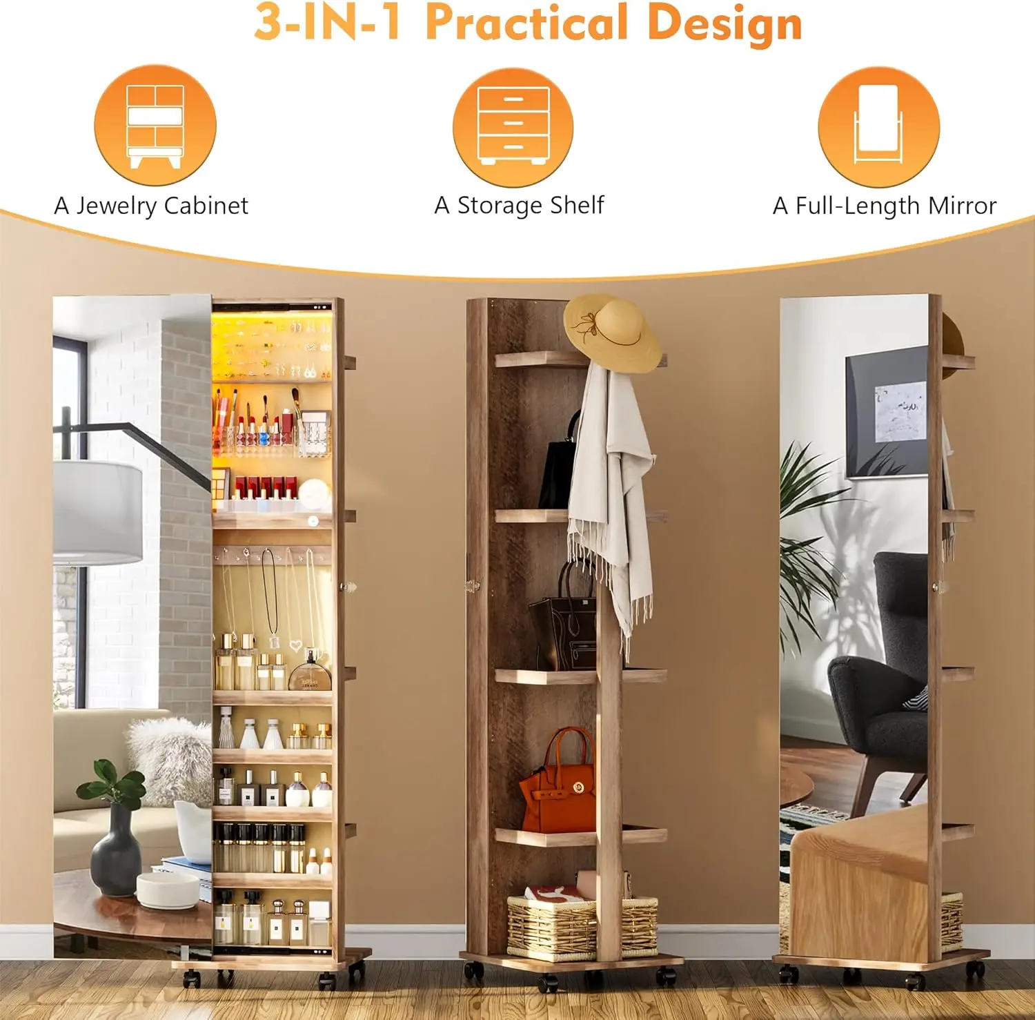 360° Rotating 63''LED Jewelry Armoire, Full Length Mirror with Jewelry Storage Rear Storage Shelves