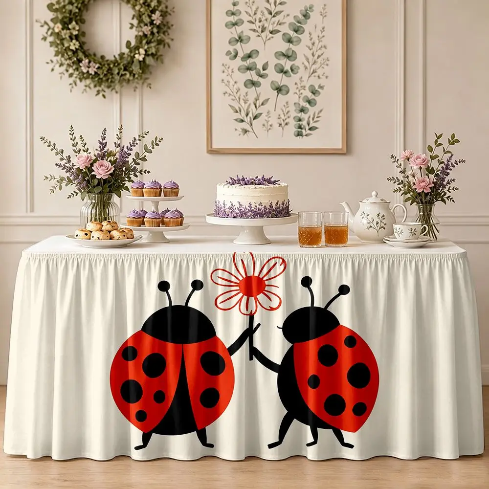 One-piece set with a table skirt decoration. Two ladybugs holding flowers. Ruffled tablecloth.