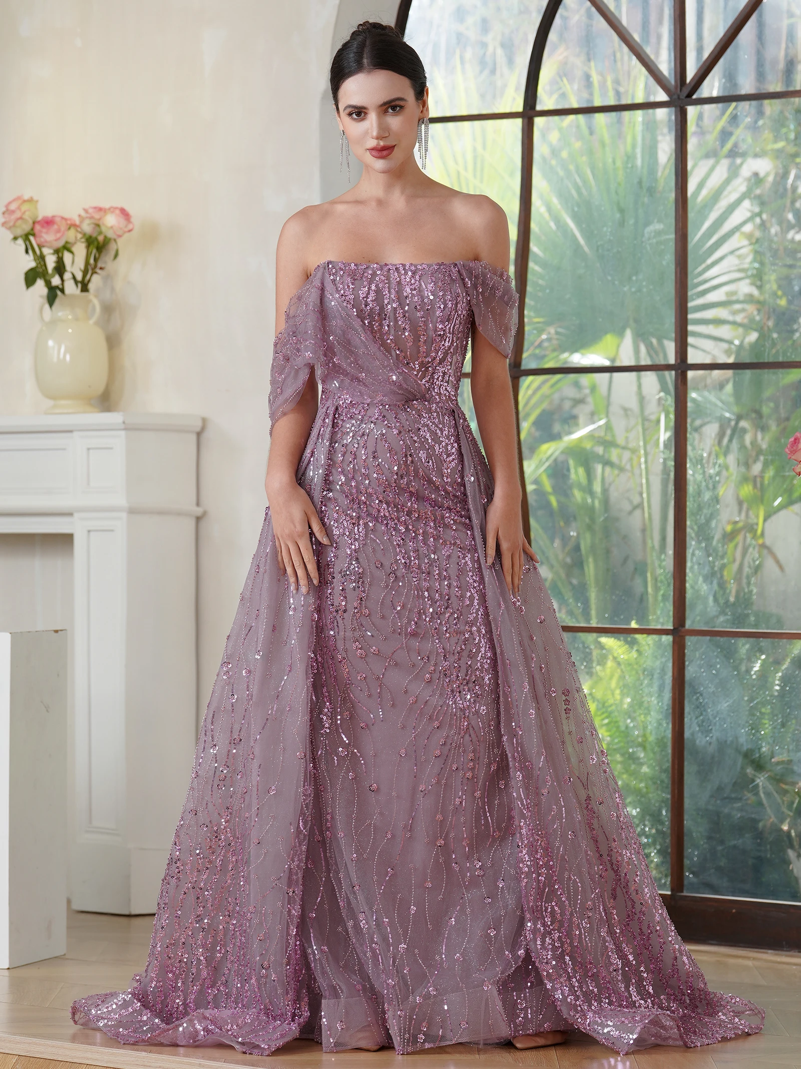 Vestidos de Noche de un hombro con encaje de lentejuelas púrpuras de lujo con falda superpuesta brillante, vestidos Maxi de fiesta formales de Arabia de sirena