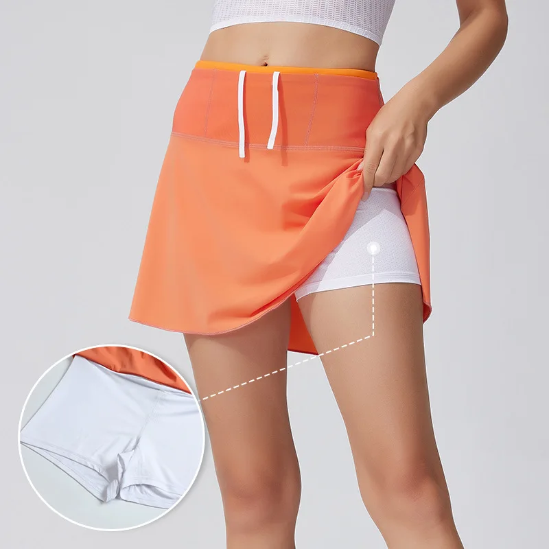 Women's 2 in 1 Loose Sport Shorts Summer Yoga Tennis Skirt with Built-in Pants Anti-Slip High Waist Slimming Mesh Pocket Fitness