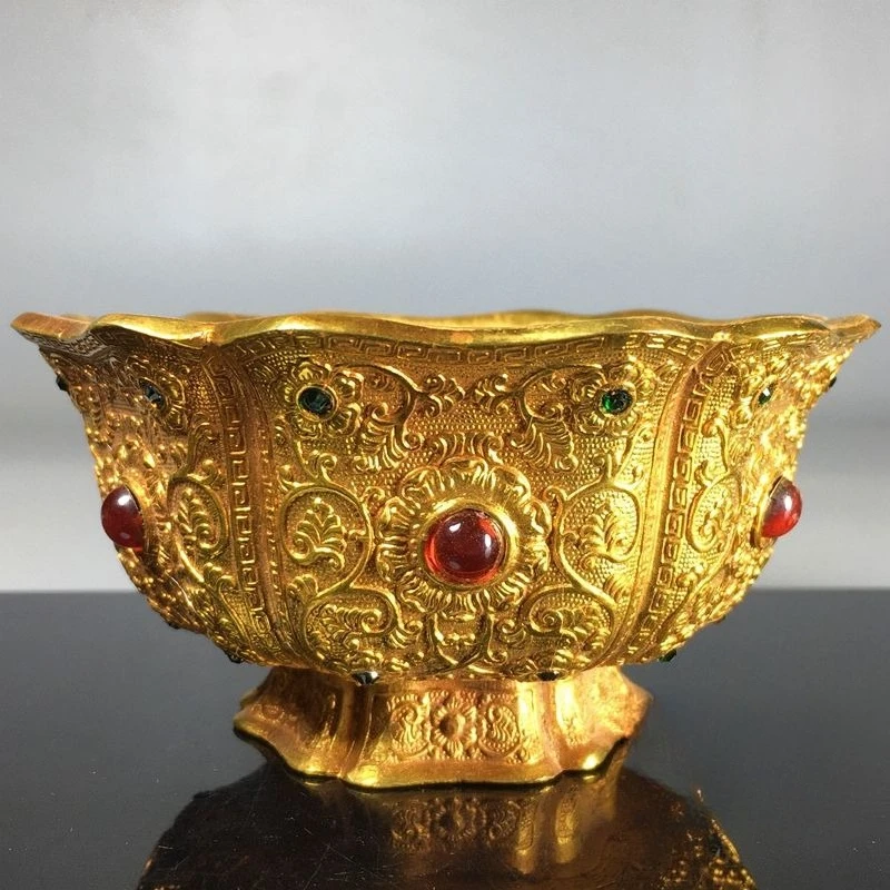 Antique Gilt Inlaid Gemstone Carved Flower Bowl, Tibetan Buddhist Offering Temple Sacrifice Ornamental Vessel Home Decor