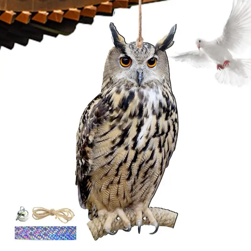 Fake Bird Scare Device Waterproof Owl Scarecrow Decorative Scarer Pendant With Bell Patio Balcony Garden Fake Bird Scare Device
