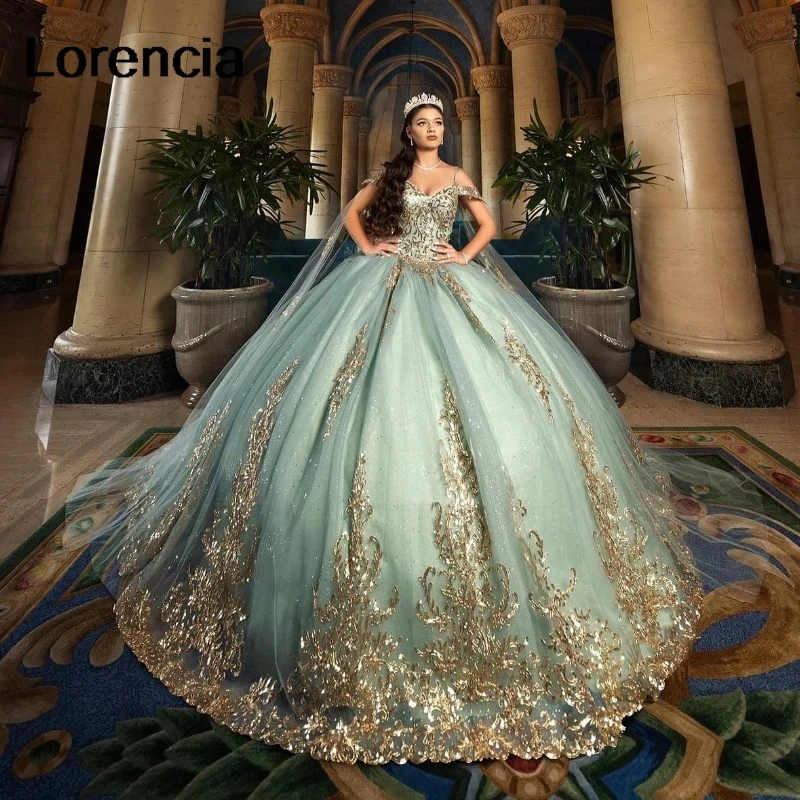 Lorencia Shiny Sage Quinceanera Dress Ball Gown Gold Lace Applique Beading With Cape Mexican Sweet 16 Vestidos De 15 Años YQD818