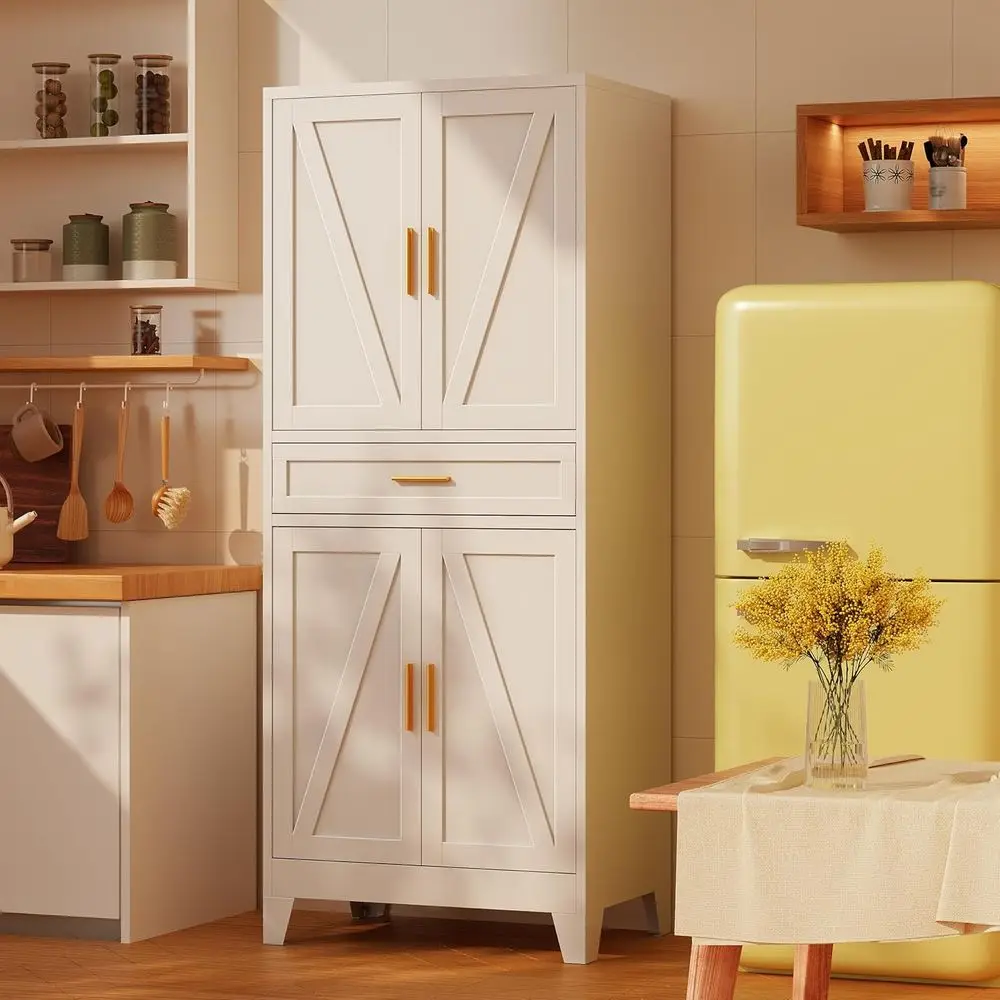 

71 Metal Kitchen Pantry Cabinet with Doors, White Tall Food Storage Cabinet