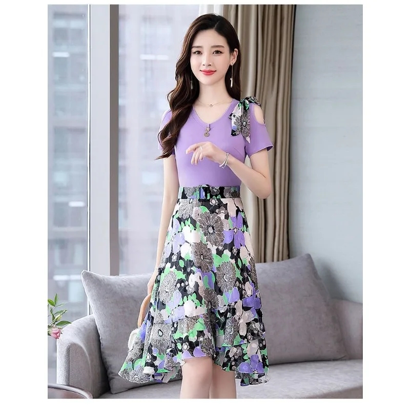 Summer Women's Dress V Neck Cold Shoulder Short Sleeve Floral Print Fake Two-Piece Midi Dress