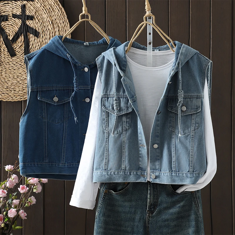 Spring Autumn 2026 New Women's plus Size Denim Vest Loose Fitting Belly Covering Versatile Outerwear Commute Style Pure Color