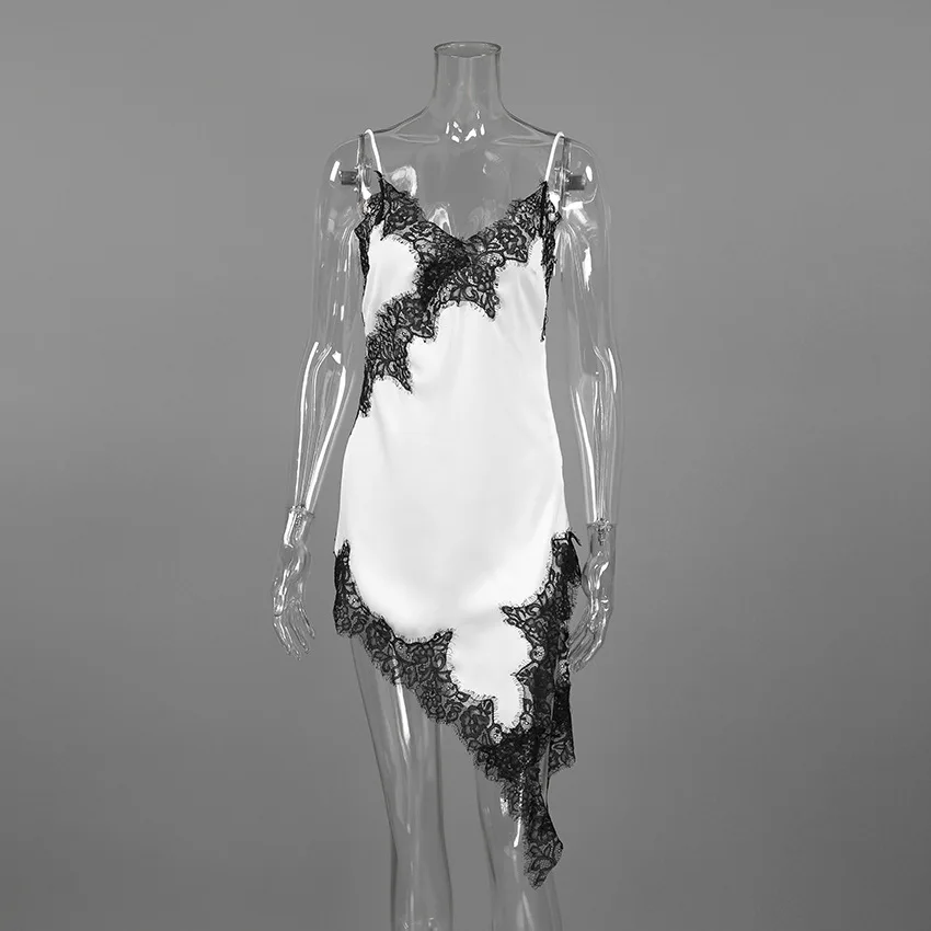 2026 봄 여성용 화이트 새틴 캐미 슬립 드레스 블랙 레이스 트림 스파게티 스트랩 딥 V넥 섹시 드레스 우아한 비대칭 드레스