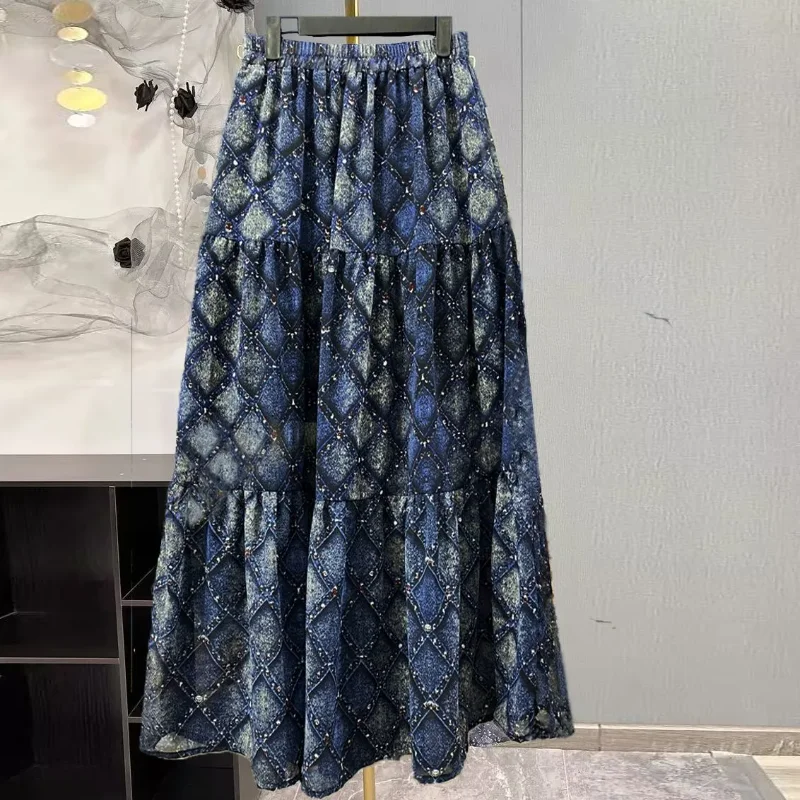 Retro Diamond Patterned Floral Midi Skirt for Women with Summer Temperament Versatile and Elastic Waist, Slimming A-line Skirt