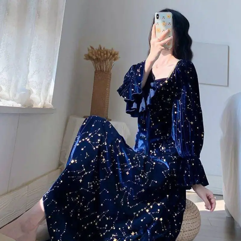 Stylish Sequined Dresses Elegant Square Collar Female Clothing A-Line Spring Autumn Drawstring French Style Velvet Midi Dress