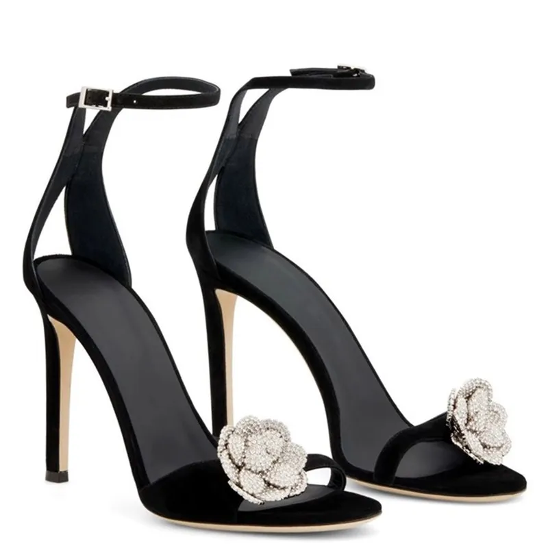 

Diamond High Heels Original Camellia Blossom Women's Shoes Suede Leather Versatile Sexy Open Toe Lady Banquet Party Sandals