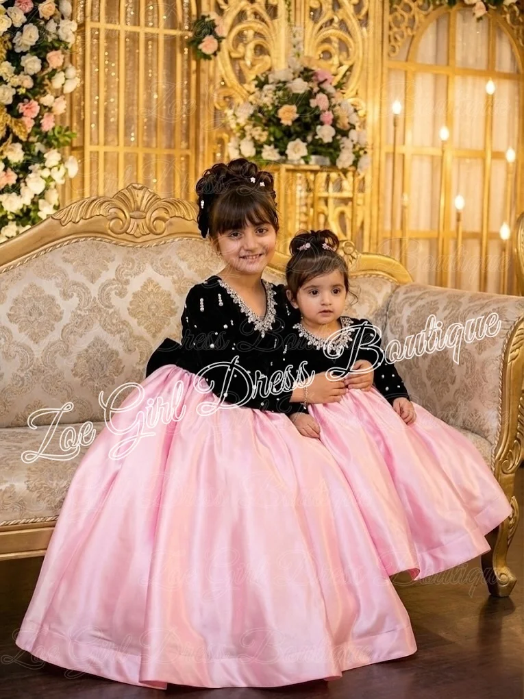 

Flower Girl Dresses For Wedding with Bow Beaded Full Sleeves Baby Girl Birthday Pageant Gowns Elegant First Communion Dress