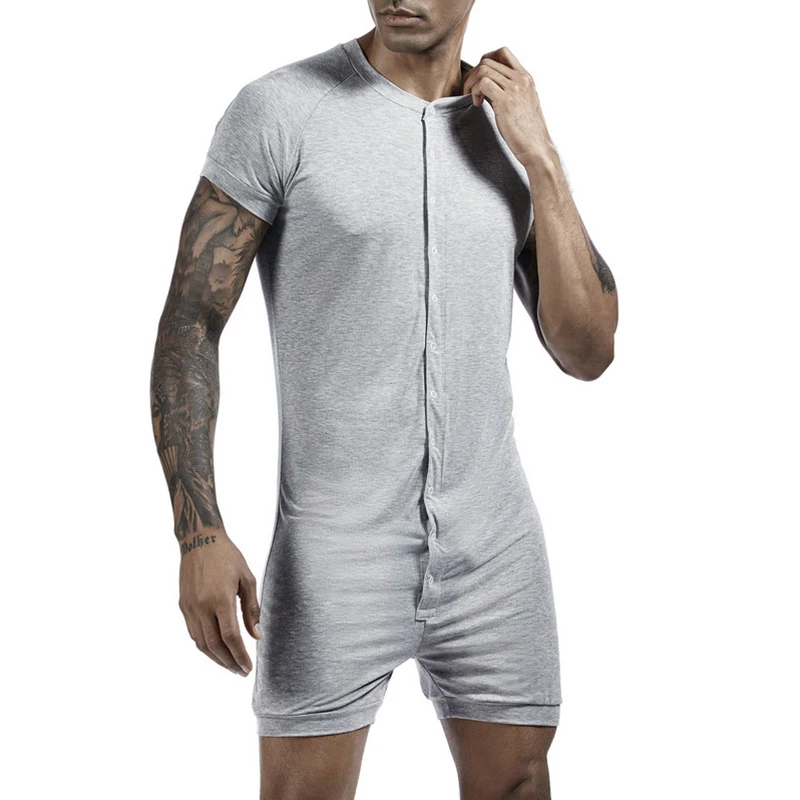 Sexy Button-up Crew Neck Jumpsuits Mens Summer Casual Solid Color Slim Fit Short Sleeve Bodycon Mens Pajamas Shorts Bodysuits