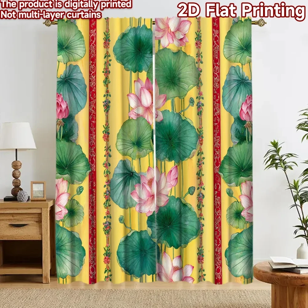 Beautiful Lotus Floral Curtains Pair Green Pink Tropical Leaf Digital Print Window Drapes Home Decor Curtains 2pcs