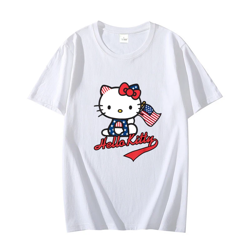 Hello Kitty USA national flag Men T-shirt Summer Short Sleeve Women Tee Shirts 100% Cotton 2025 New Fashion Couple Clothes Tops